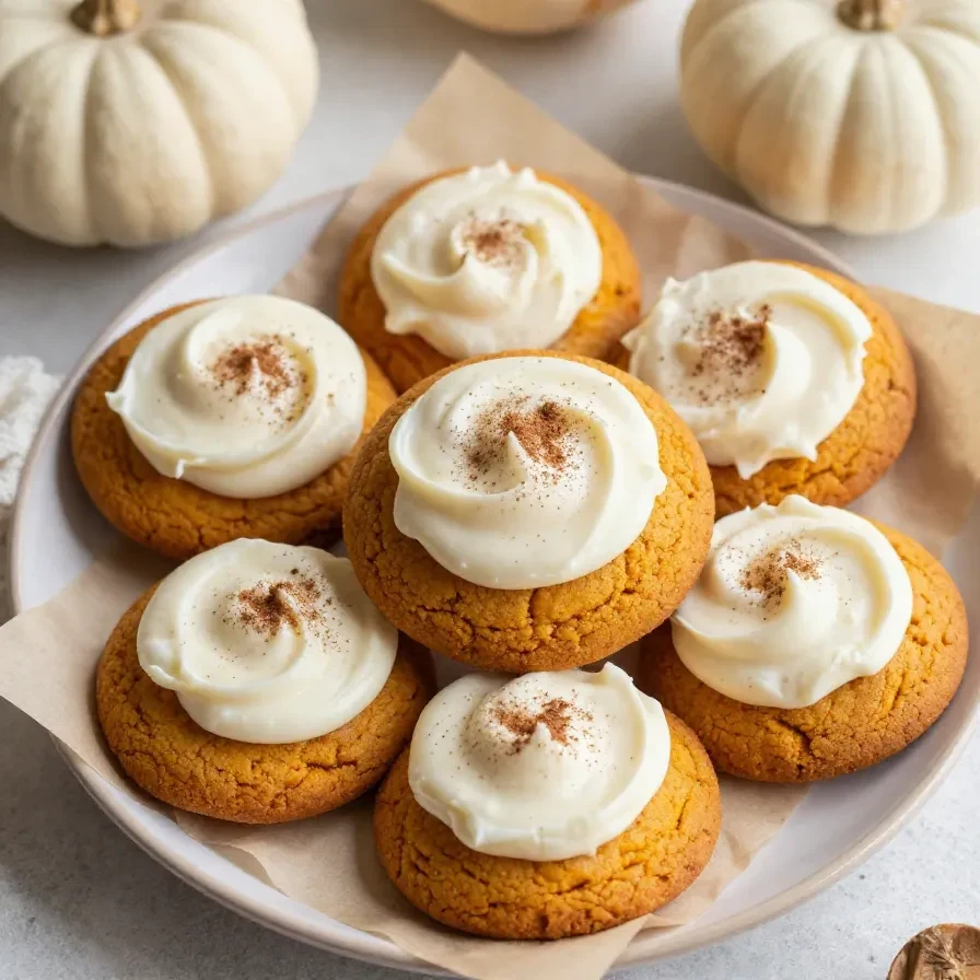 Freshly baked soft pumpkin cookies topped with creamy cream cheese frosting on a rustic plate.