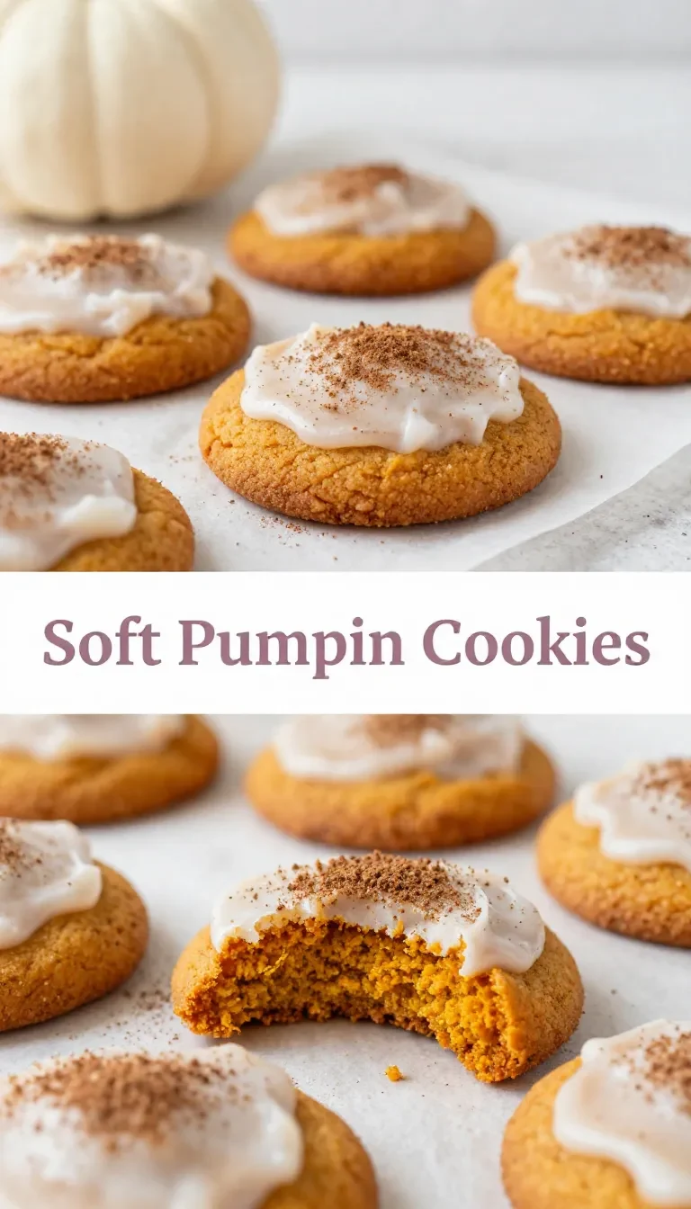 Freshly baked soft pumpkin cookies topped with creamy cream cheese frosting on a rustic plate.