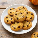 Close-up of soft batch pumpkin chocolate chip cookies stacked on a plate.