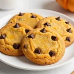A plate of freshly baked pumpkin chocolate chip cookies made with cake mix.