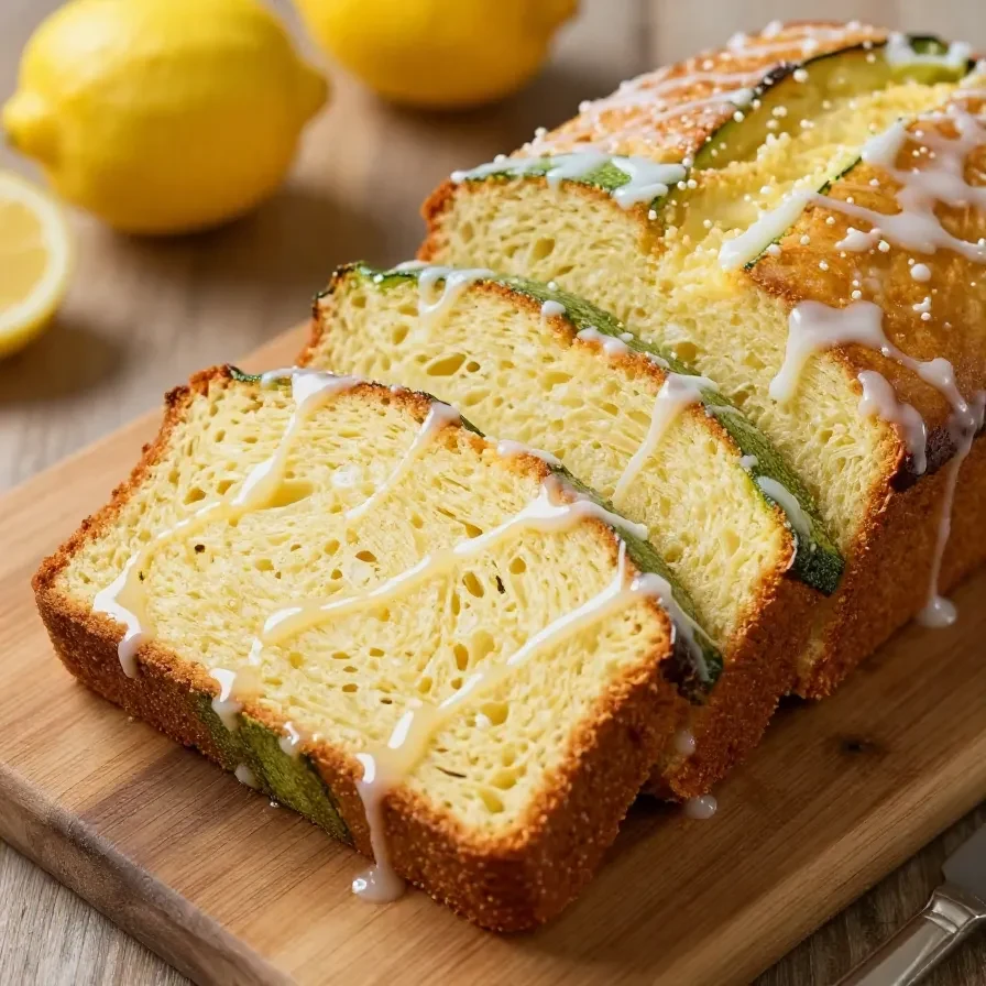 A freshly baked loaf of healthy lemon zucchini olive oil bread on a wooden cutting board