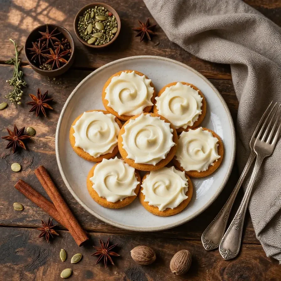 A plate of freshly baked pumpkin cookies topped with creamy cream cheese frosting.