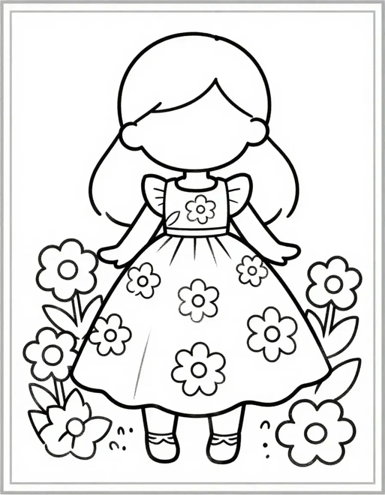 12 Barbie-Inspired Spring Coloring Pages (Free PDF Printables) Barbie-Inspired Doll in a Floral Dress Coloring Page