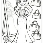Barbie's Glamorous Outfit Try-On Coloring Page — free printable coloring page from ilovethisrecipes.com