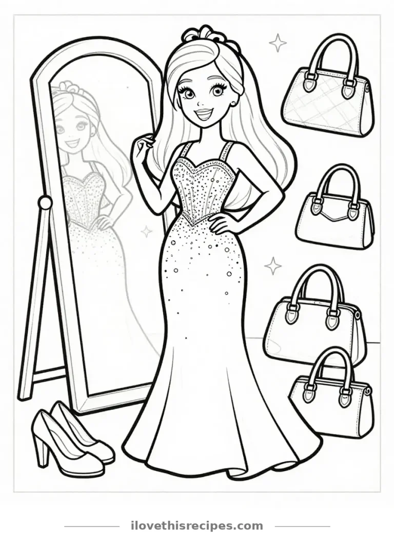 Barbie's Glamorous Outfit Try-On Coloring Page — free printable coloring page from ilovethisrecipes.com