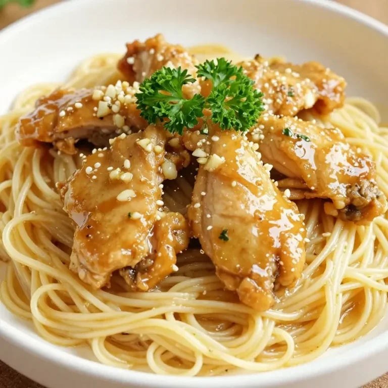 A delicious plate of one-pan creamy garlic butter chicken served with egg noodles