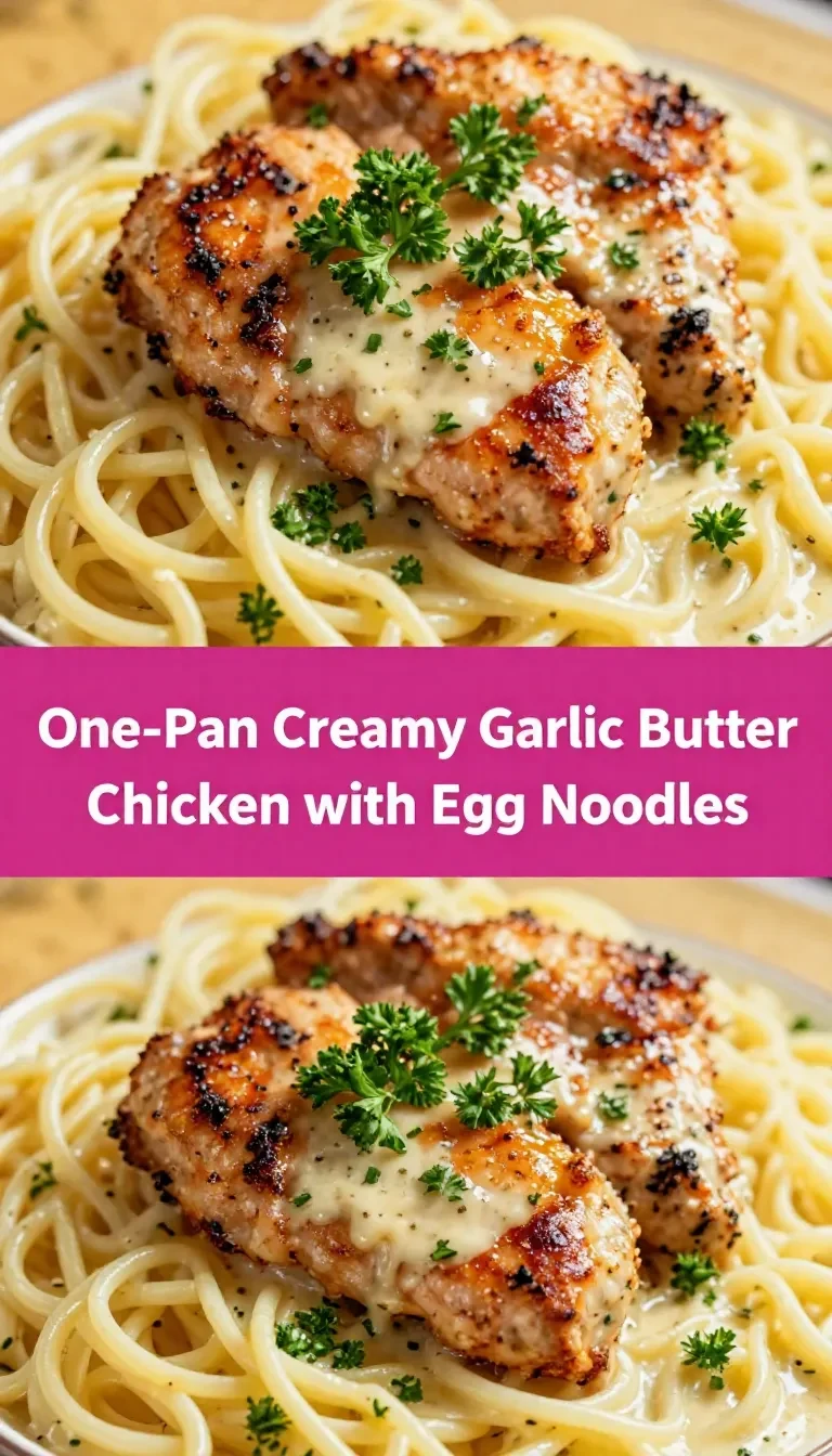 A delicious plate of one-pan creamy garlic butter chicken served with egg noodles