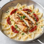 A plate of creamy garlic parmesan chicken pasta garnished with parsley