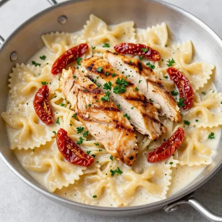 A plate of creamy garlic parmesan chicken pasta garnished with parsley