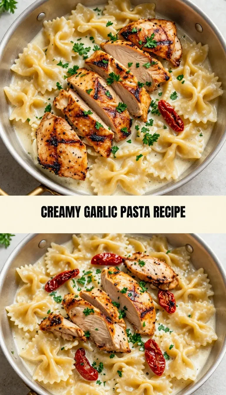 A plate of creamy garlic parmesan chicken pasta garnished with parsley