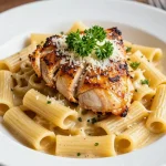 A delicious plate of garlic butter chicken served with rigatoni and topped with Parmesan cheese