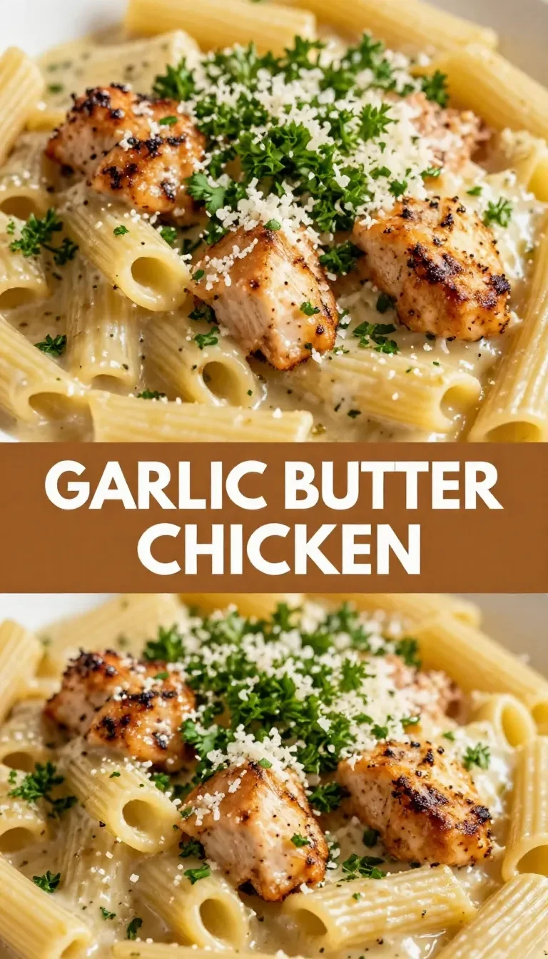 A delicious plate of garlic butter chicken served with rigatoni and topped with Parmesan cheese