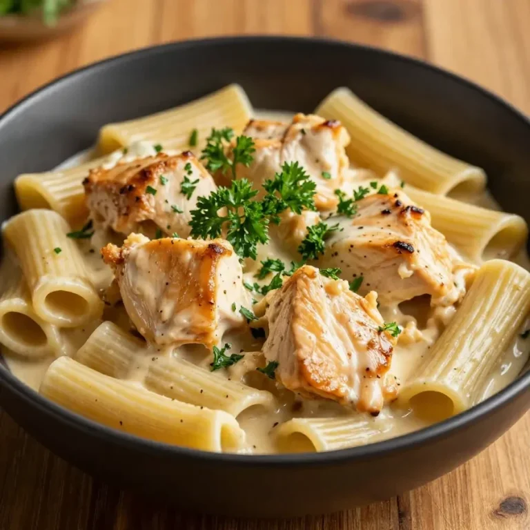 A plate of creamy garlic butter chicken served with rigatoni pasta in a rich Parmesan sauce