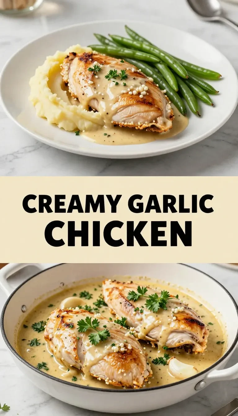 A delicious creamy garlic chicken served with rich gravy and fluffy mashed potatoes