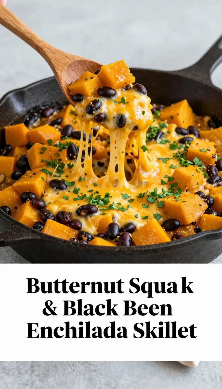 A colorful butternut squash and black bean enchilada skillet topped with cheese and fresh cilantro