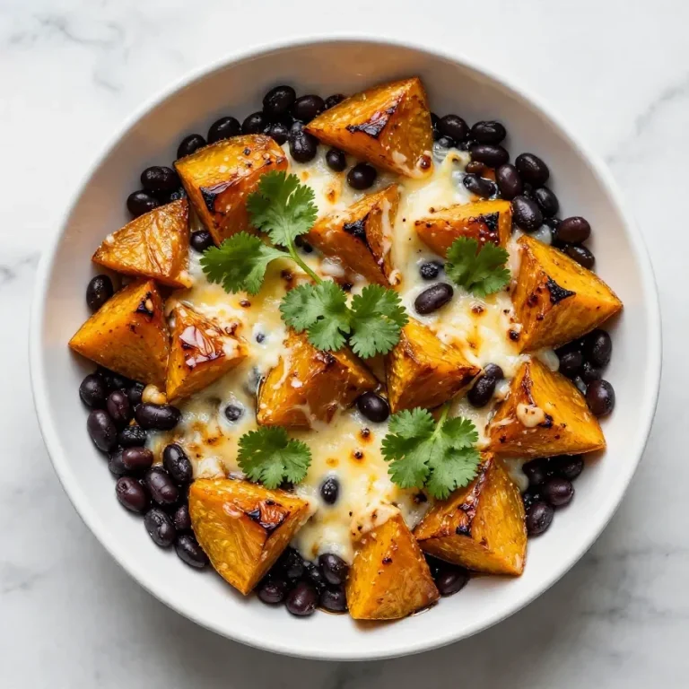 A delicious butternut squash enchilada casserole topped with cheese and fresh herbs