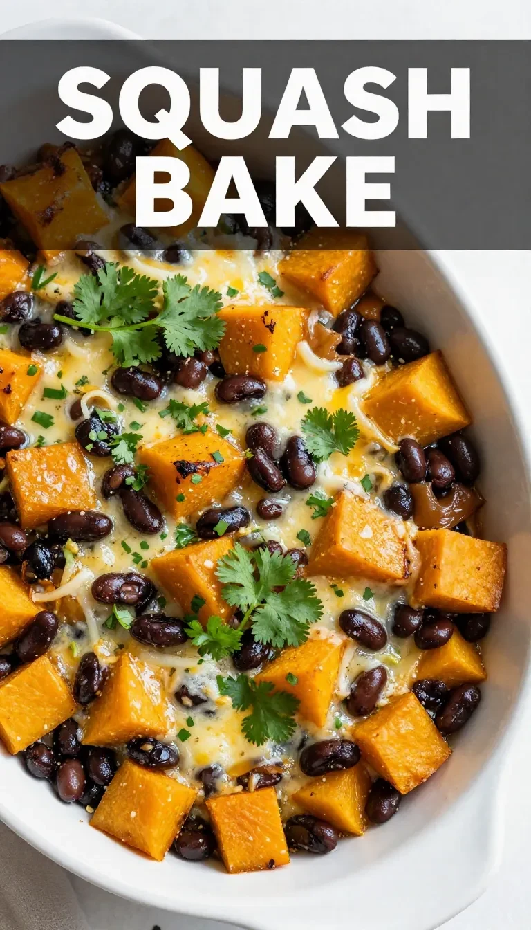 A delicious butternut squash enchilada casserole topped with cheese and fresh herbs