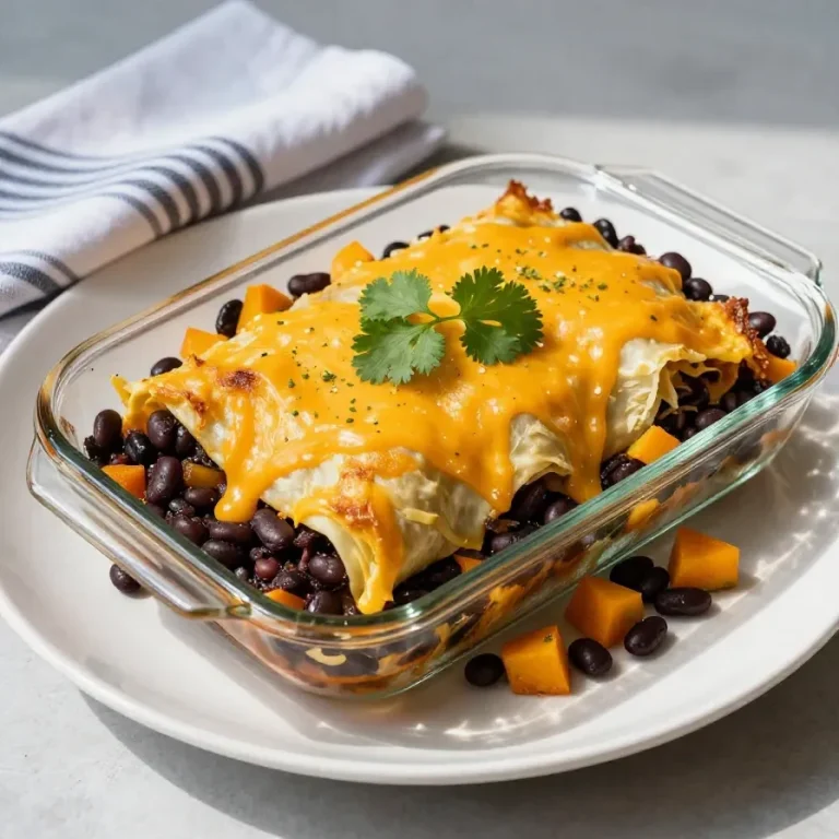 A plate of butternut squash black bean enchiladas topped with avocado and cilantro