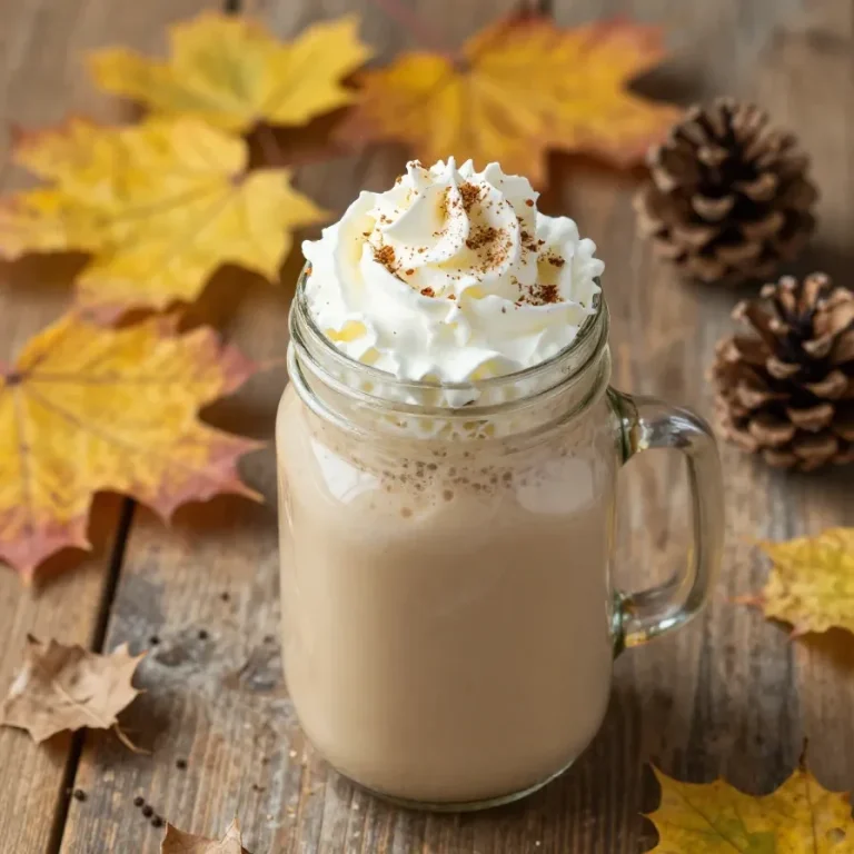 A frosty glass of frozen pumpkin coffee topped with whipped cream and cinnamon