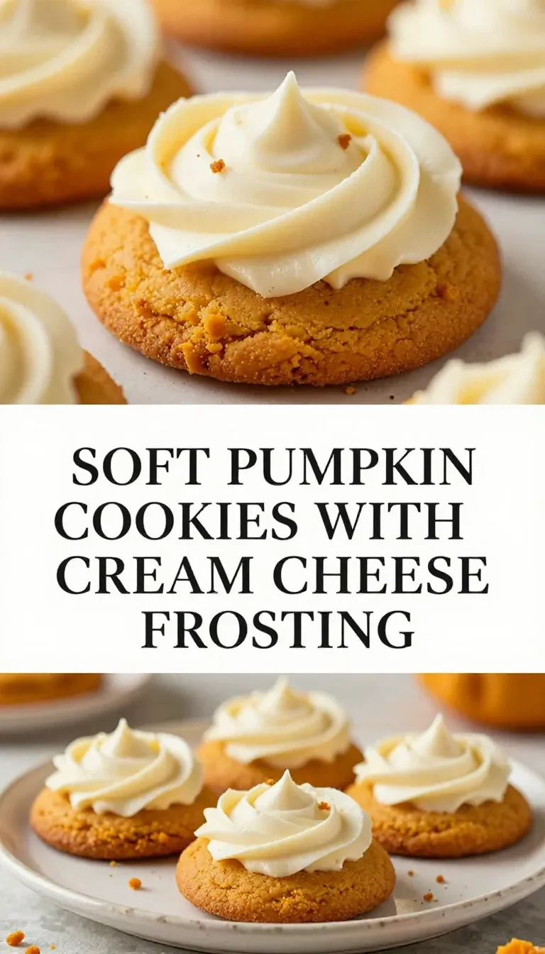 Soft pumpkin cookies topped with a smooth cream cheese frosting on a wooden table.