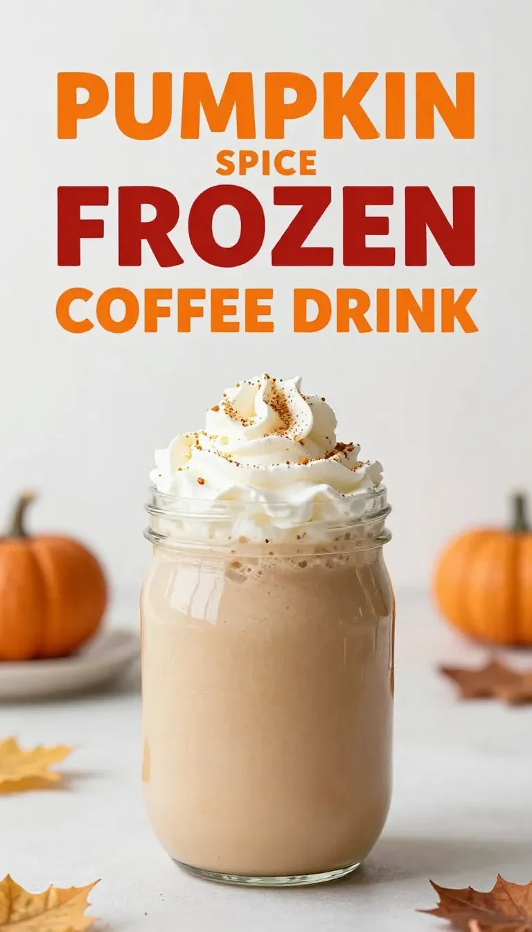A frosty glass of frozen pumpkin coffee topped with whipped cream and cinnamon