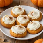Soft pumpkin cookies topped with creamy frosting arranged on a wooden table.