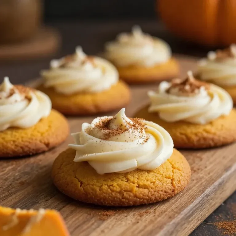 A plate of healthier pumpkin cookies topped with creamy frosting, placed on a wooden table.