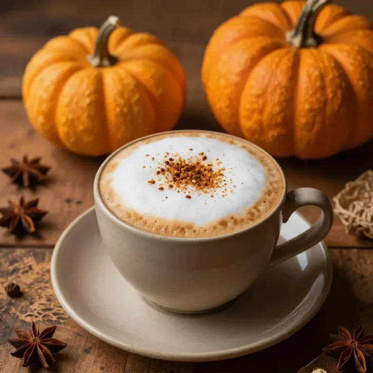 A warm cup of pumpkin chai latte topped with whipped cream and a sprinkle of cinnamon