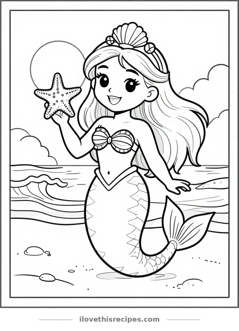 Barbie Mermaid Standing on Sandy Beach Coloring Page — free printable coloring page from ilovethisrecipes.com