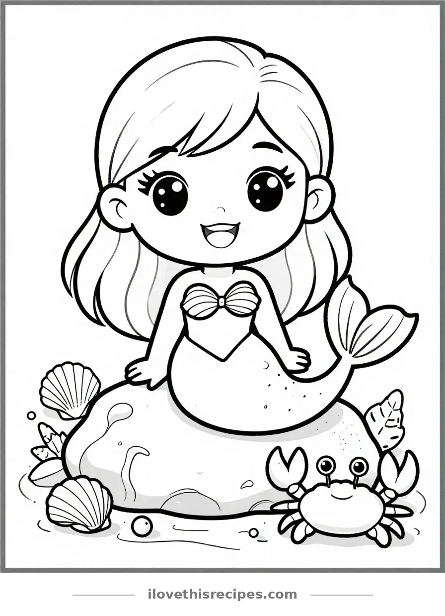 Kawaii Mermaid with Seashell Treasures Coloring Sheet