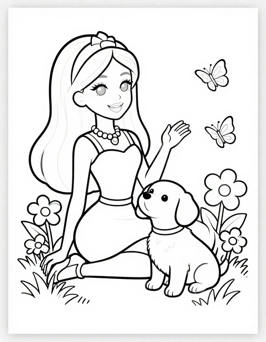 Barbie and Her Puppy Coloring Page