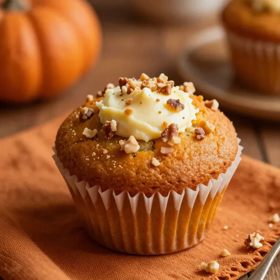 A freshly baked gluten free pumpkin cream cheese muffin on a wooden table