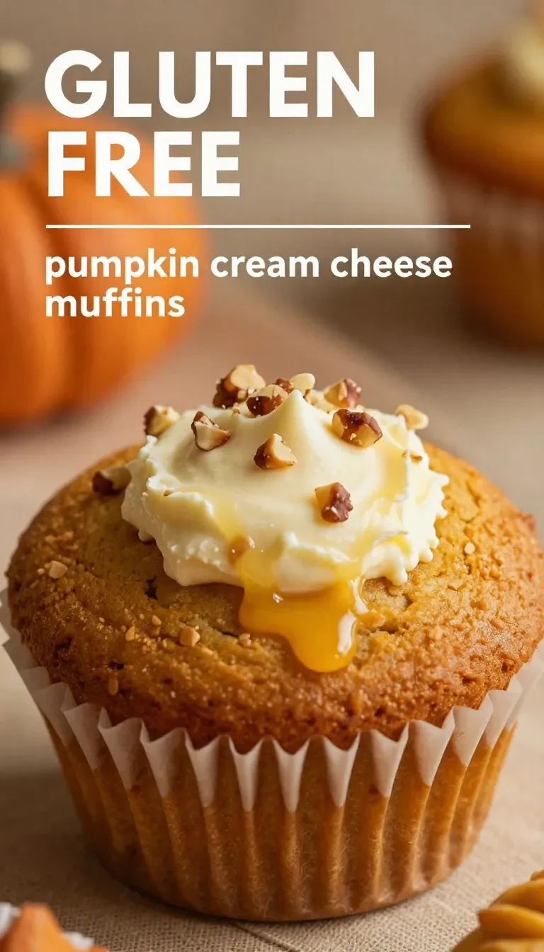 A freshly baked gluten free pumpkin cream cheese muffin on a wooden table