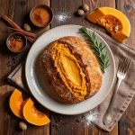 A freshly baked loaf of pumpkin sour cream bread on a wooden cutting board.