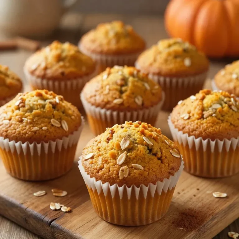 Freshly baked healthy pumpkin oatmeal muffins arranged on a wooden table.