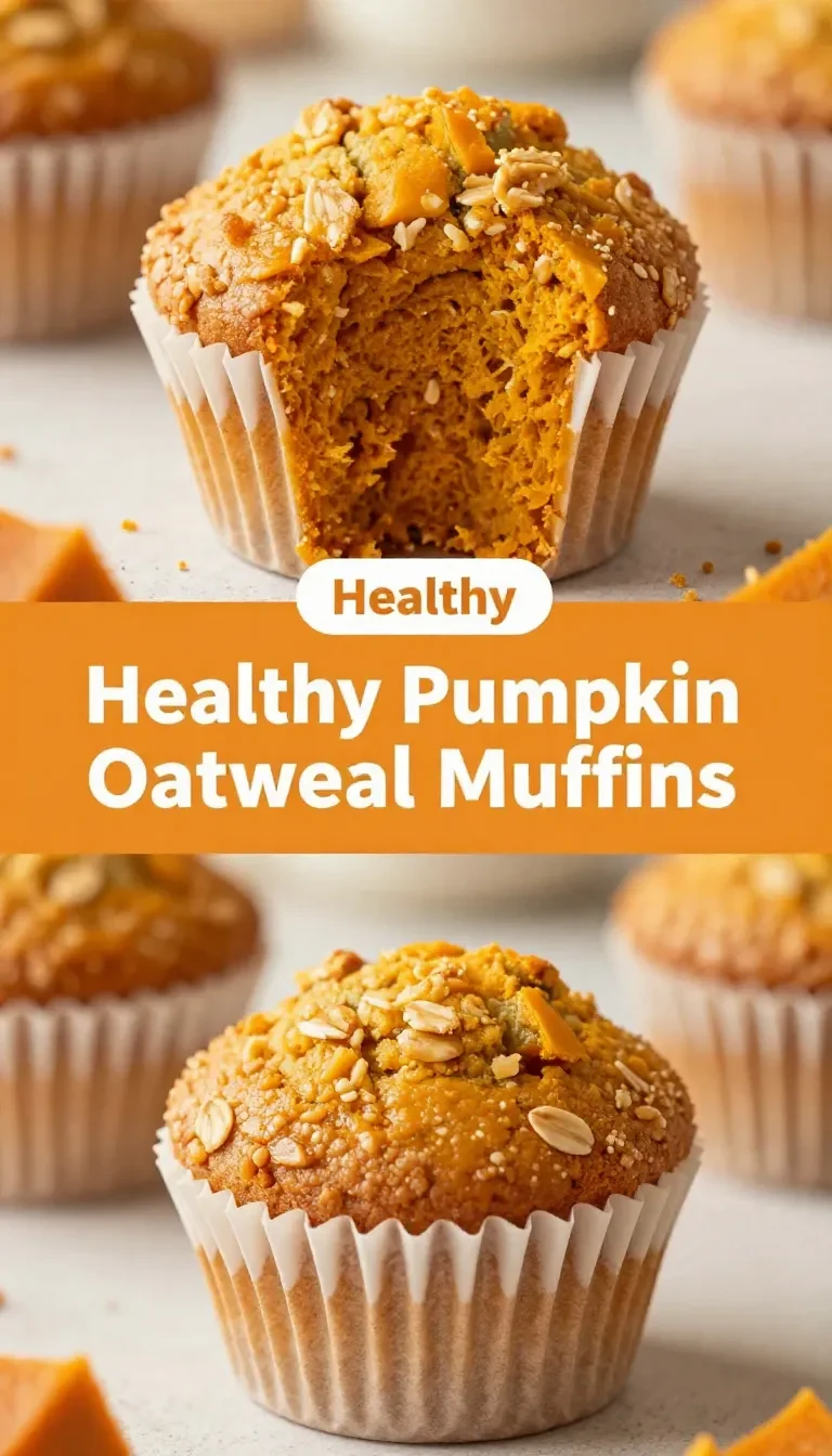 Freshly baked healthy pumpkin oatmeal muffins arranged on a wooden table.