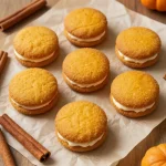 A plate of soft pumpkin cookies topped with creamy frosting on a wooden table.