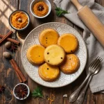 Close-up of pumpkin cheesecake cookies topped with cream cheese frosting on a wooden table.