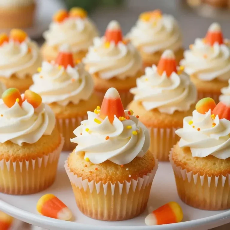 Delicious candy corn cupcakes topped with colorful frosting and candy corn decorations
