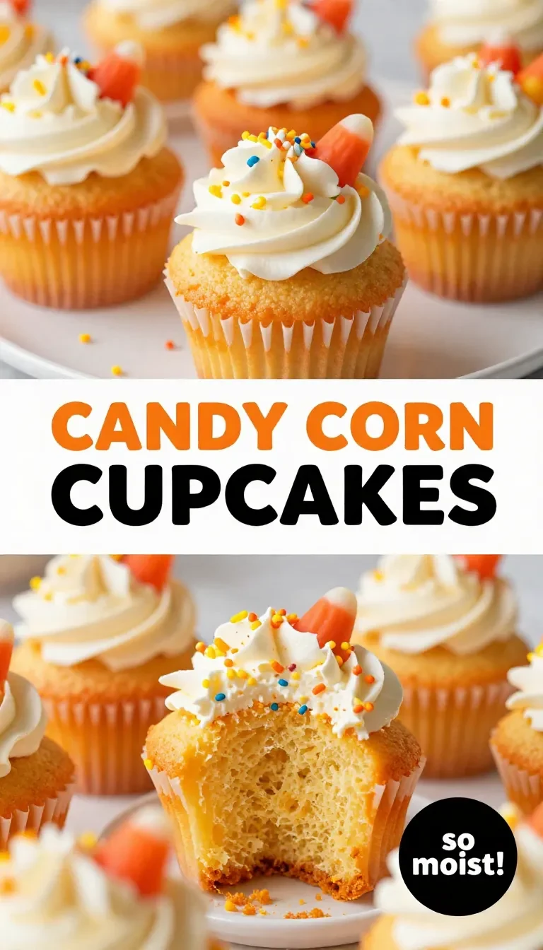 Delicious candy corn cupcakes topped with colorful frosting and candy corn decorations