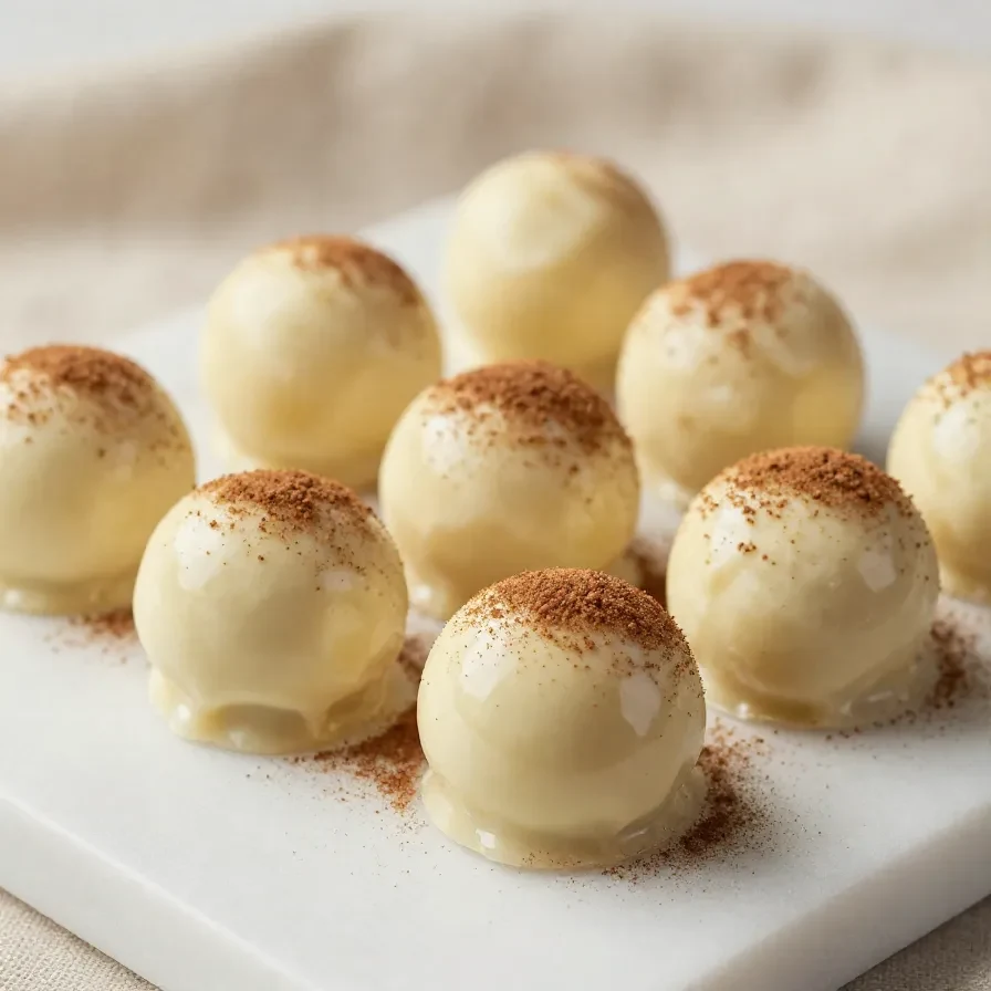 A close-up of delicious pumpkin cake balls coated in chocolate and sprinkled with cinnamon.