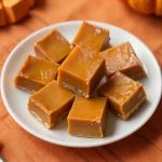 A rich, creamy pumpkin fudge cut into squares, garnished with a sprinkle of cinnamon.