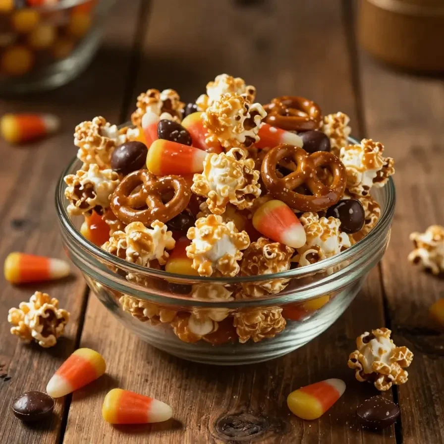 A colorful bowl of fall snack mix featuring nuts, dried fruits, and pumpkin seeds