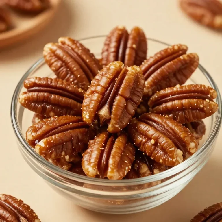 Easy Candied Pecans A close-up of golden brown candied pecans sprinkled with sugar and spices