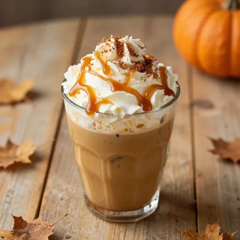 A refreshing iced pumpkin spice latte topped with whipped cream and a sprinkle of cinnamon in a clear glass