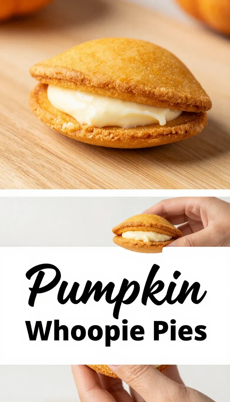 Delicious pumpkin whoopie pies stacked on a rustic wooden table