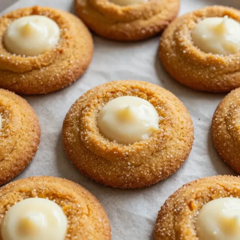 Cheesecake Stuffed Snickerdoodle Pumpkin Cookies A plate of cheesecake stuffed snickerdoodle pumpkin cookies, showcasing their soft texture and cinnamon sugar coating.
