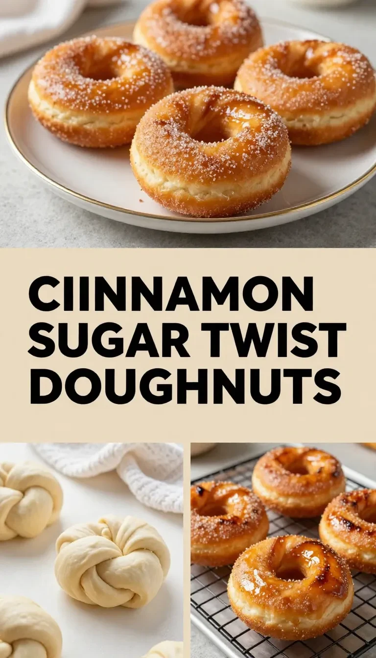 Freshly baked cinnamon sugar twist doughnuts on a wooden table.