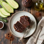 A decadent double chocolate zucchini muffin made with olive oil, cut in half to reveal its moist texture.
