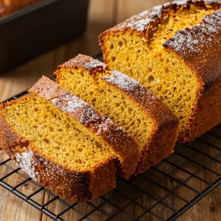 Pumpkin Bread With Cinnamon Sugar Topping A freshly baked pumpkin bread topped with a sprinkle of cinnamon sugar on a wooden cutting board.